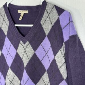 Enzo Mantovani 100% Cashmere Sweater Men’s L Purple Gray Argyle V-Neck Italy